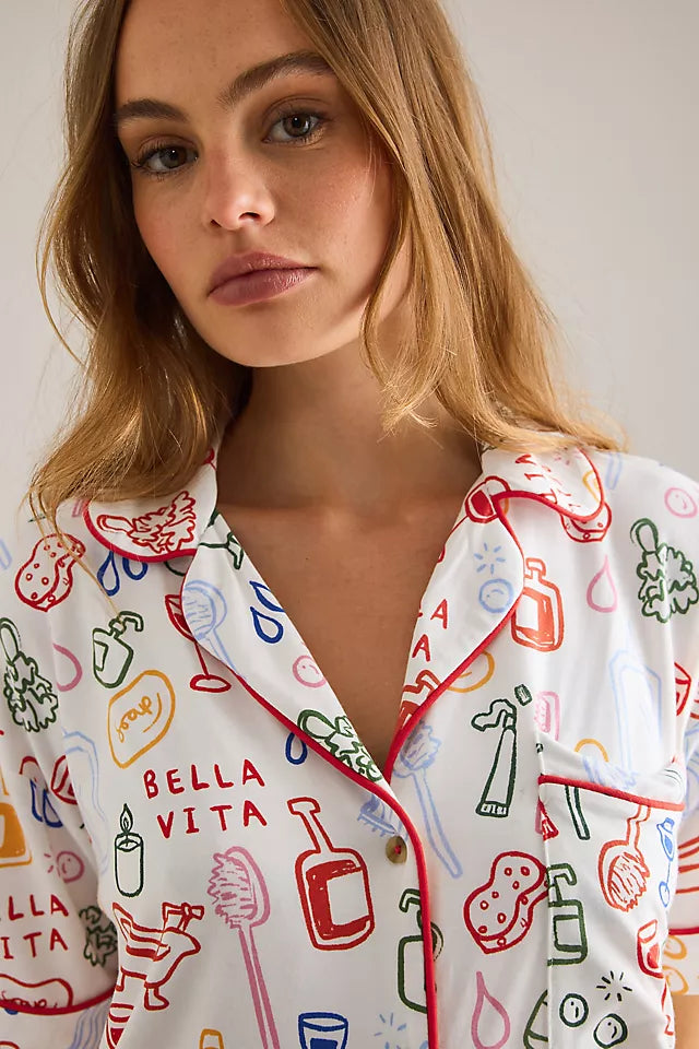 The Lyrebird Modaluxe Short Sleeve Pyjama Shirt by Anthropologie - Ivory Combo - Size L
