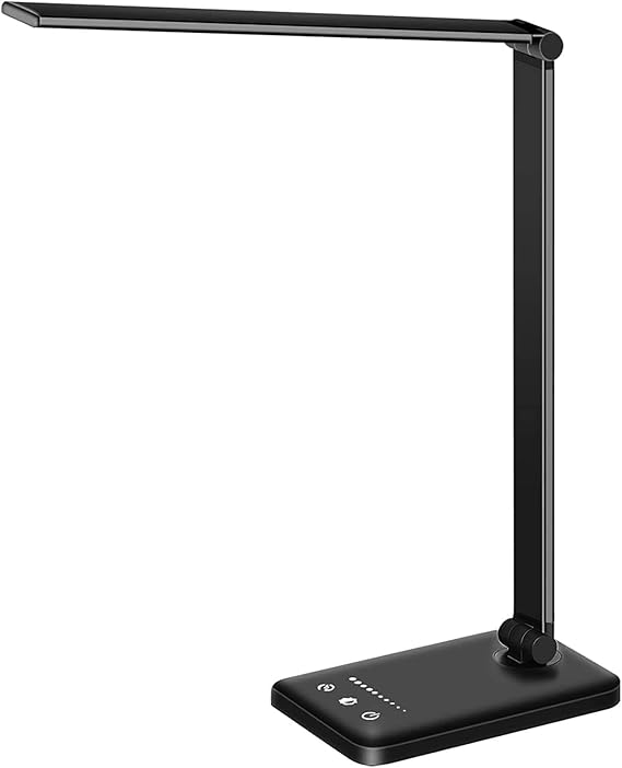 LED Desk Lamp Dimmable Table Lamp Reading Lamp with USB Charging Port, 5 Lighting Modes, Sensitive Control, 30/60 Minutes Timer (Black, First-Generation