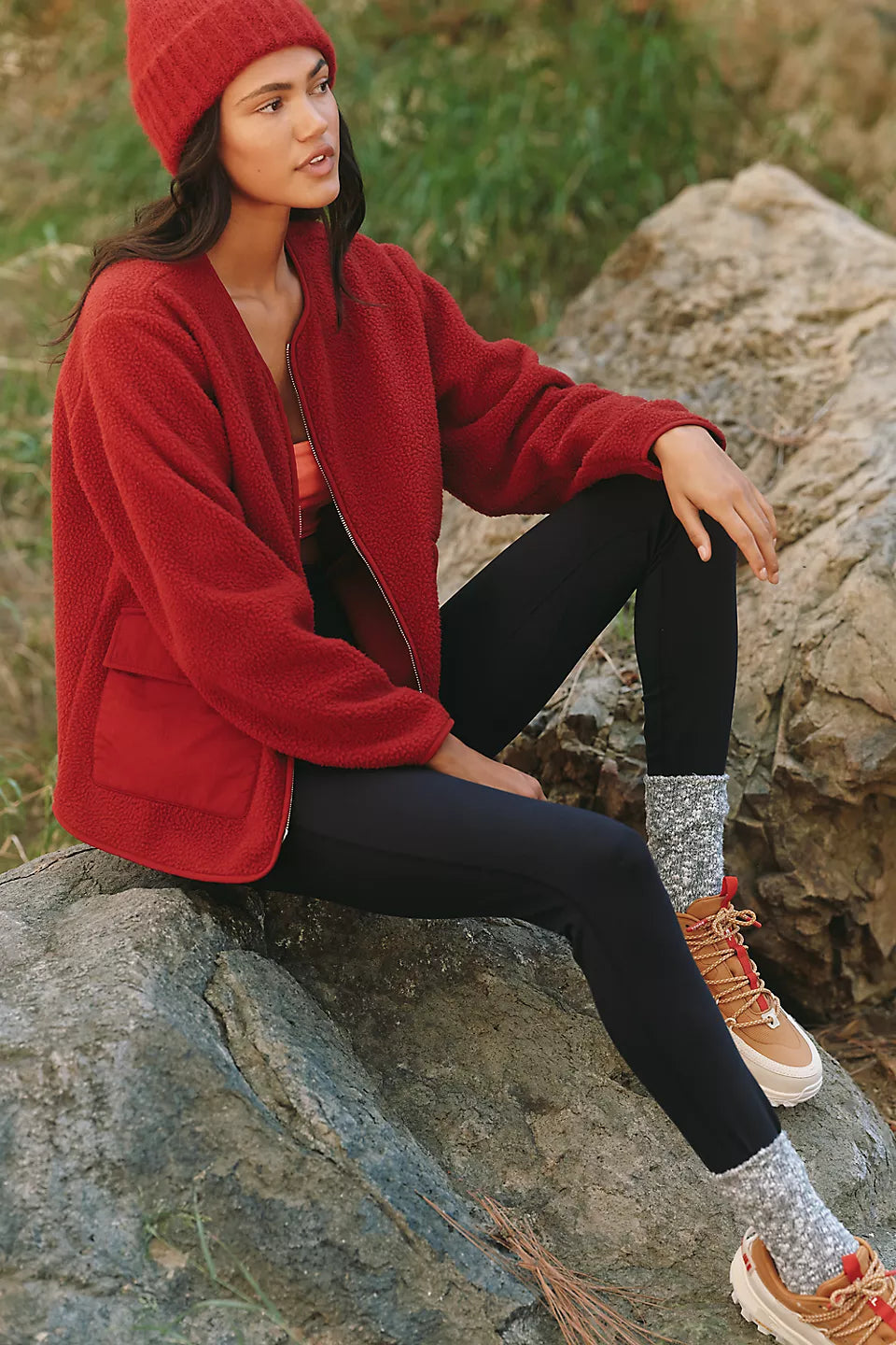 Varley Marina Collarless Fleece Jacket - Red Dahlia - Size Large