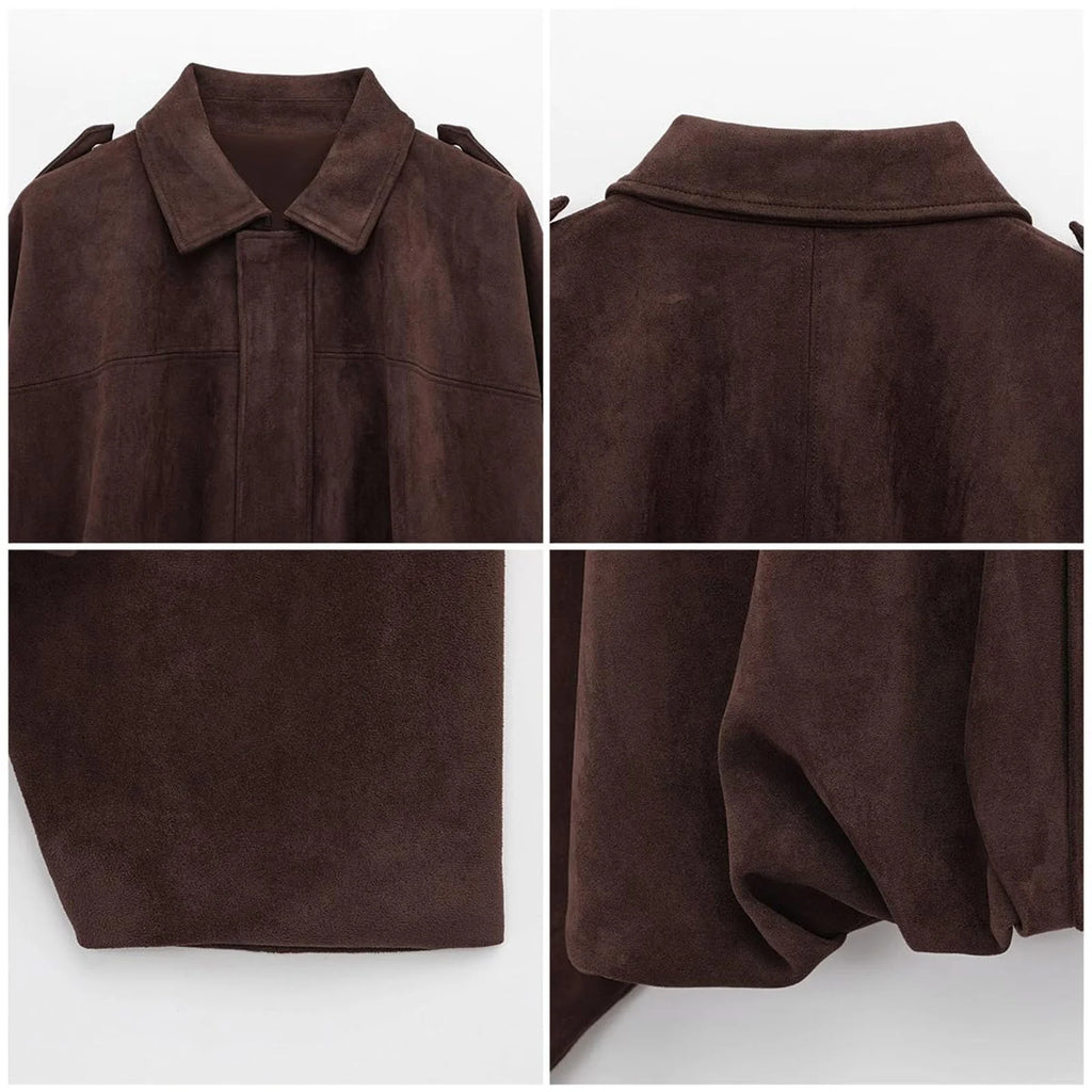 Design Brand Women's Faux Suede Cropped Bomber Jacket - Coffee - Small