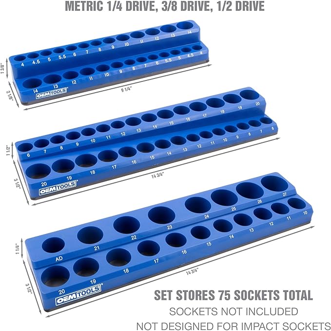 OEMTOOLS 22486 3 Piece Metric Magnetic Socket Tray Set (Blue)