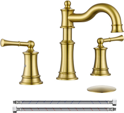 WINKEAR Roman Bathroom Sink Faucet 3 Holes Brushed Gold 2 Handle Widespread 8 inch Deck Mount Installation
