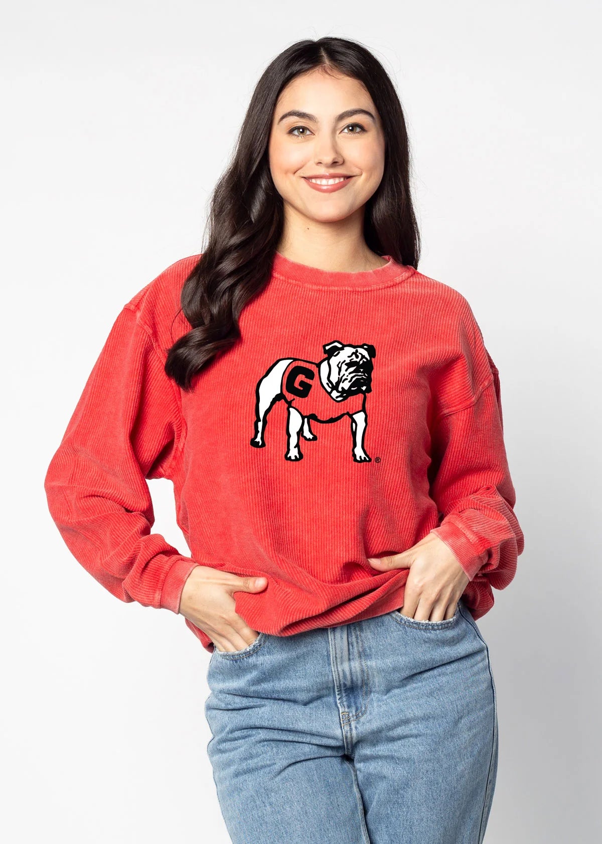 *Chicka-d Georgia Bulldogs Women's Big Logo Original Corded Crew, Red, Medium