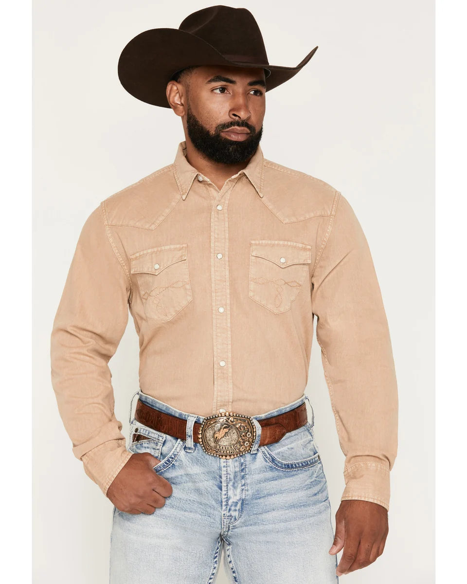 Cody James Men's Solid Long Sleeve Snap Denim Western Shirt - Tan - Medium