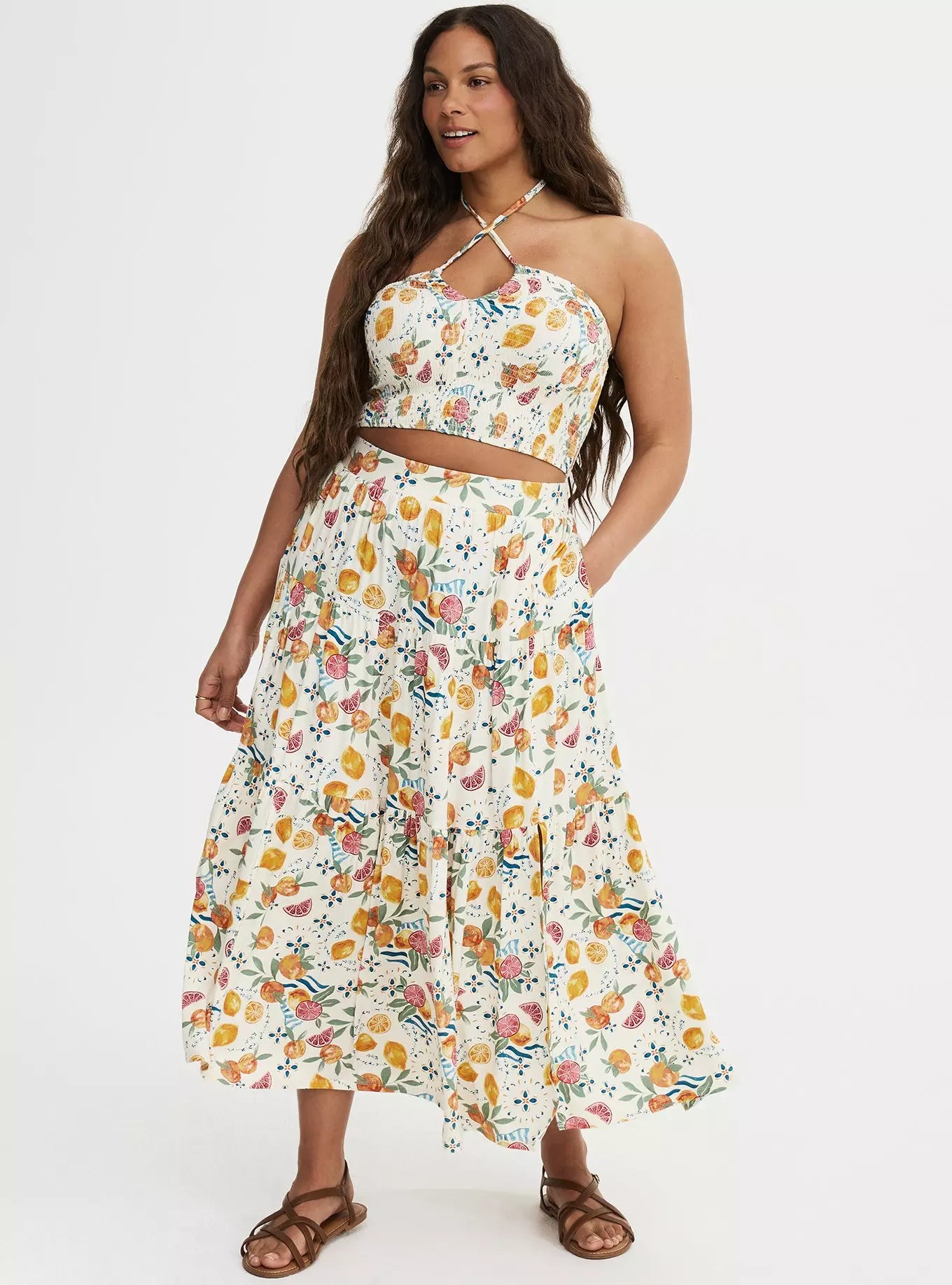 Smocked Maxi Skirt Set by Torrid - Fruity Picnic Ivory - Torrid Size: 0 (Women's L|12)