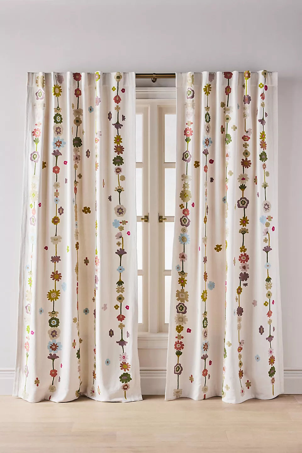 Embroidered Cotton Abstract Floral Curtain by Anthropologie - 96" x 50"