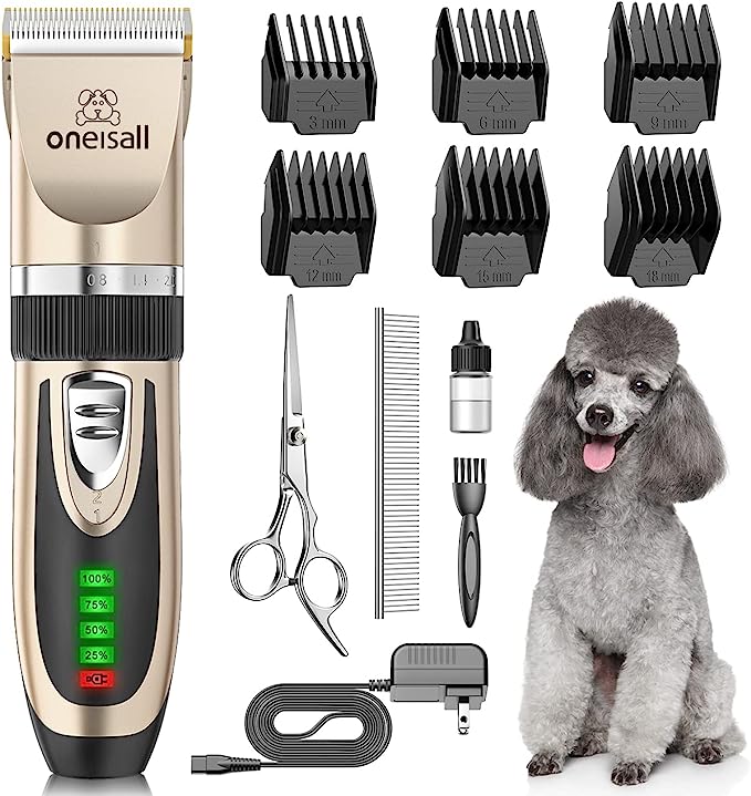 oneisall Dog Clippers Low Noise, 2-Speed Quiet Dog Grooming Kit Rechargeable Cordless Pet Hair Clipper Trimmer Shaver for Small and Large Dogs Cats Animals (Gold)