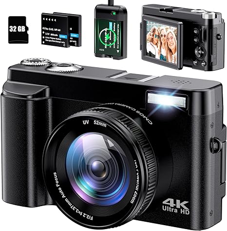 4K Digital Camera for Photography Autofocus 48MP 4K Camera with SD Card, 180° 3.0 inch Flip Screen Vlogging Camera for YouTube Video Compact Cameras with 16X Digital Zoom, Anti-Shake, 2 Batteries (NEW)