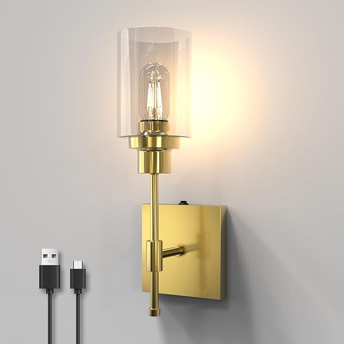 HYMELA C01 Battery Operated Wall Sconce No Wired, Rechargeable Wall Lamp with Clear Glass Shade, Easy Install Cordless Wall Light Fixtures for Bathroom Hallway Kitchen Mirror Brass(Bulb Included)