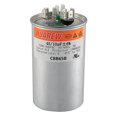 HUAREW 45+10 uF ±6% 45/10 MFD 370/440 VAC CBB65 Dual Run Start Round Capacitor for Condenser Straight Cool or Heat Pump Air Conditioner or AC Motor and Fan Starting