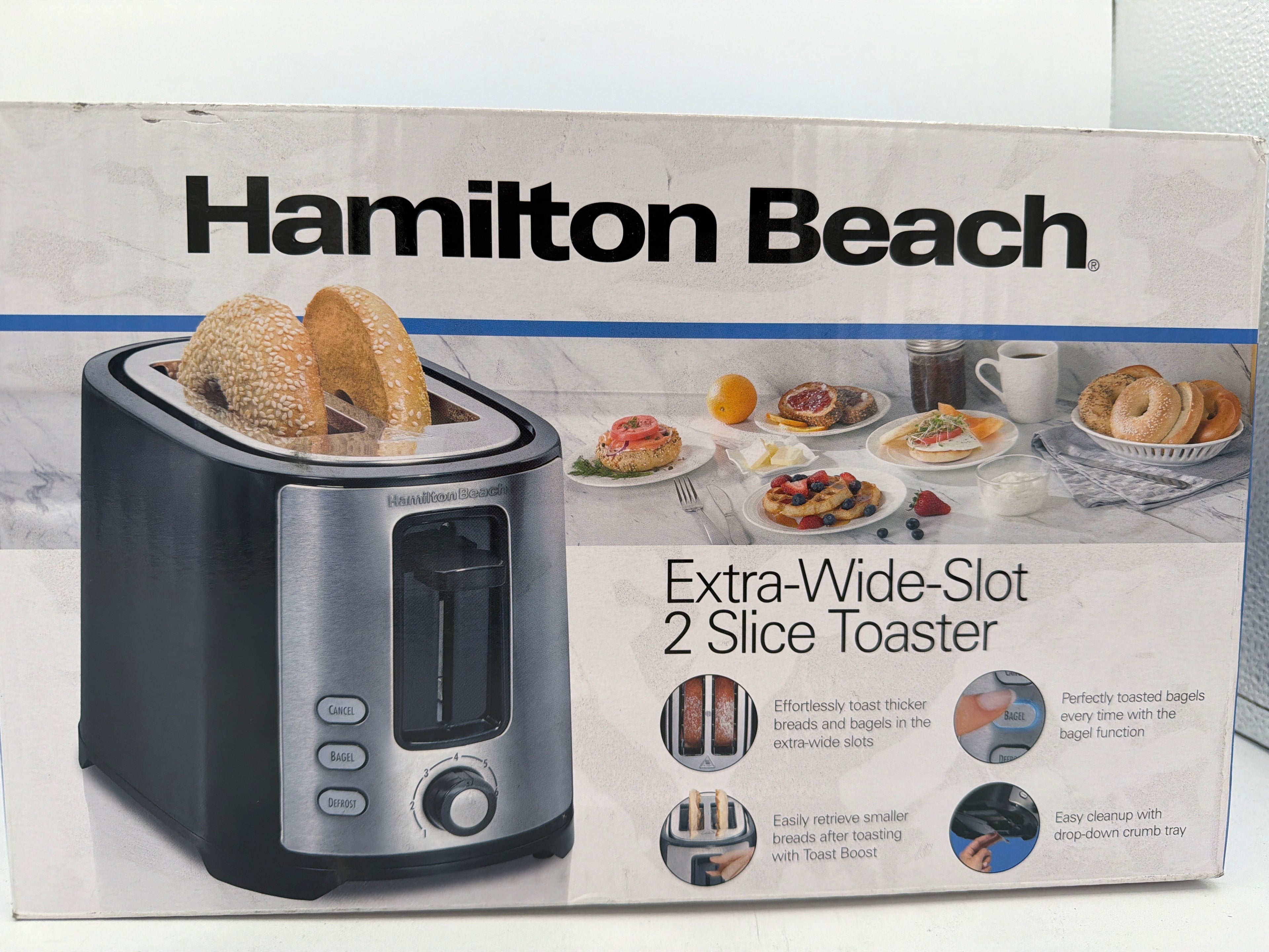 Hamilton Beach 2 Slice Extra Wide Slot Toaster with Bagel & Defrost Settings, Shade Selector with 7 Browning Levels, Toast Boost, Auto Shutoff, Black & Stainless Steel (22633)