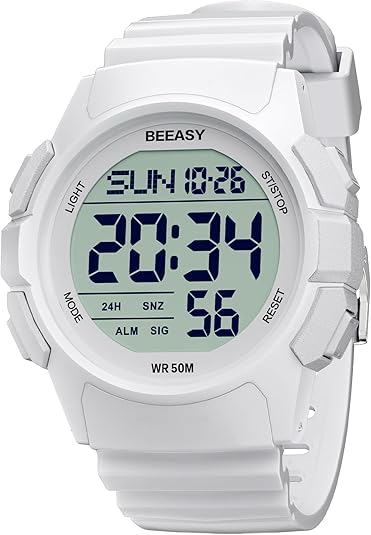 Beeasy Womens Digital Watch Waterproof with Stopwatch Alarm Countdown Timer Dual Time, 12/24 Hours Thin Digital Wrist Watches for Women, White