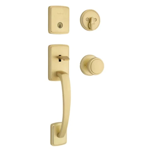 Kwikset 818BFH-971SOK-4S Single Cylinder Brentford Exterior Handleset with Sora Knob with SmartKey with RCAL Latch and RCS Strike Satin Brass Finish