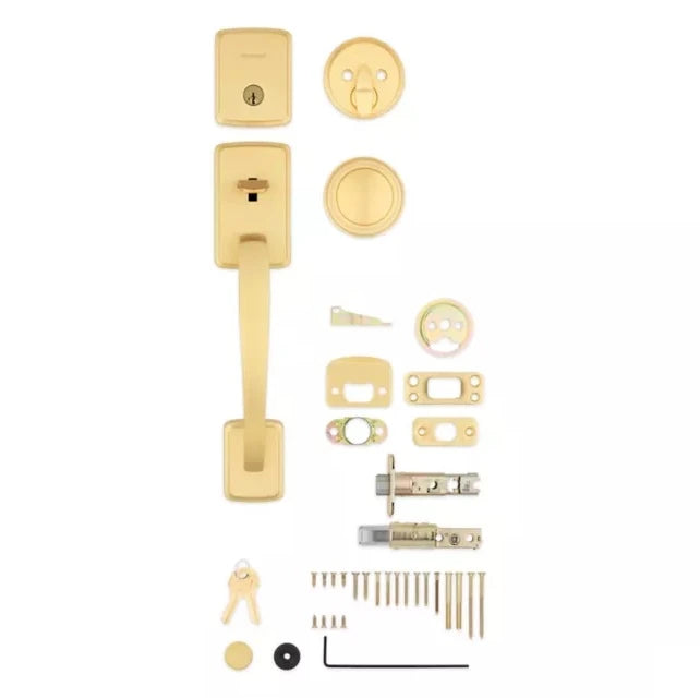Kwikset 818BFH-971SOK-4S Single Cylinder Brentford Exterior Handleset with Sora Knob with SmartKey with RCAL Latch and RCS Strike Satin Brass Finish