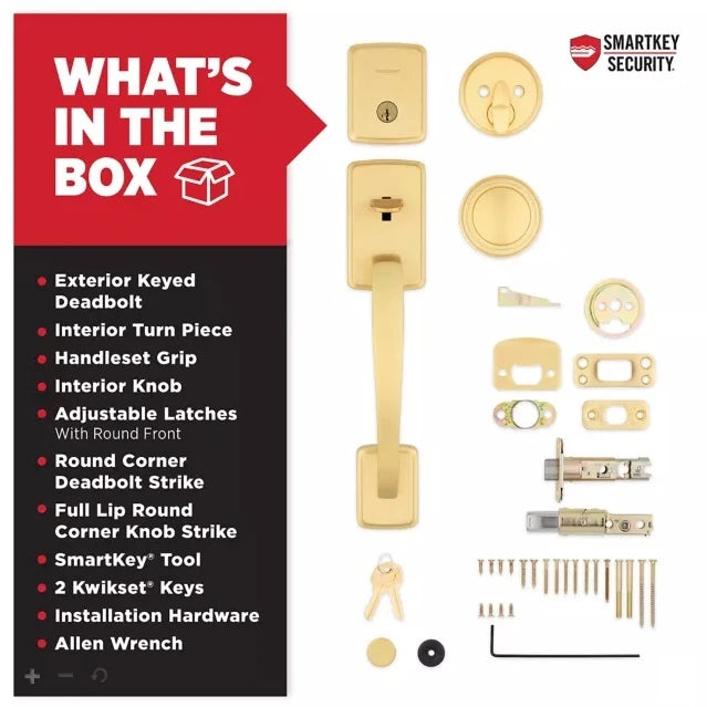 Kwikset 818BFH-971SOK-4S Single Cylinder Brentford Exterior Handleset with Sora Knob with SmartKey with RCAL Latch and RCS Strike Satin Brass Finish