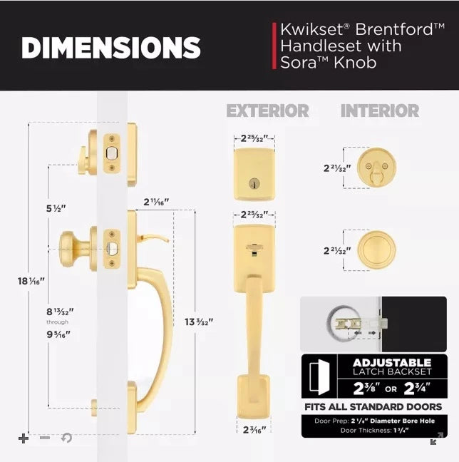 Kwikset 818BFH-971SOK-4S Single Cylinder Brentford Exterior Handleset with Sora Knob with SmartKey with RCAL Latch and RCS Strike Satin Brass Finish