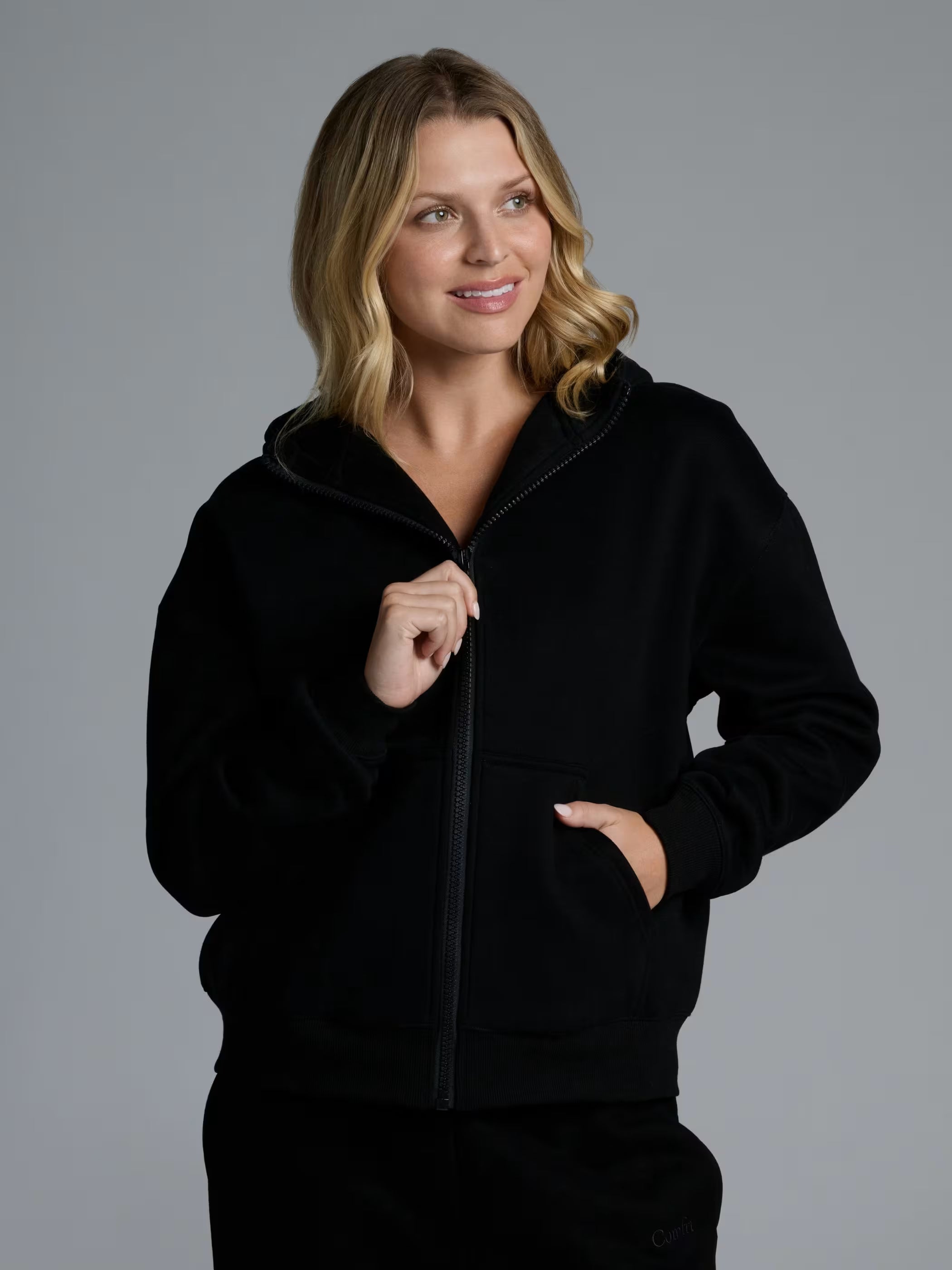 Comfrt-Basic Crop Zip Hoodie, Black-S
