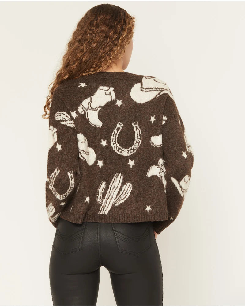 Women's Saddleridge Western Conversation Print Sweater by IDYLLWIND - Pecan - Size XS