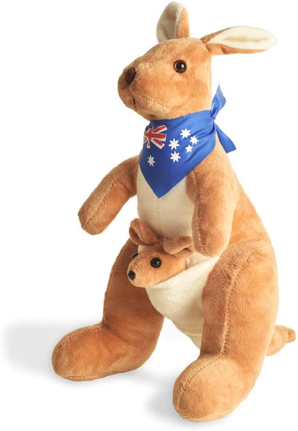 BOHS Kangaroo Stuffed Animal Toy with Joey in Pouch and Australia Scarf - Soft and Cuddly Plush Toy for Kids