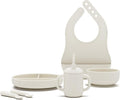 Lalo First Bites Silicone Baby Feeding Set - Baby Led Weaning Supplies - Non-Toxic Silicone - Includes 1 Bib, 2 Spoons, Training Cup, Suction Plate and Bowl - 6 Pieces - Oatmeal