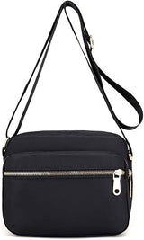 Black Multi Compartment Gold Zippers Nylon Mini Crossbody Bag NEW