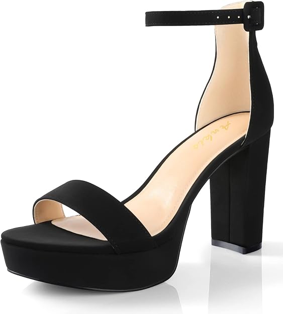 Ankis Chunky Platform Heels - 4 Inch Block Heeled Sandals for Women - Comfortable Open Toe Strappy Heels - Black, Nude, White, Silver, Gold - Summer Dress Shoes Size: 9