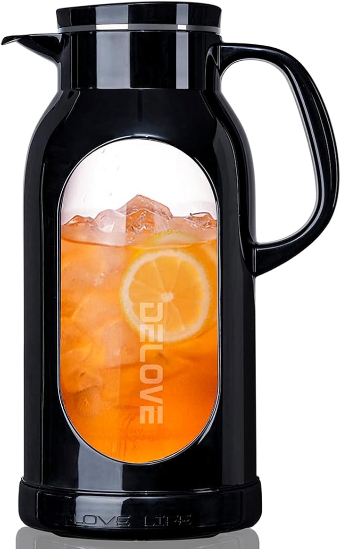 Delove 68 oz/2 Liter Glass Pitcher with Shatterproof Shell - Heat Resistant Glass Liner - Stainless Steel Lid - Carafe & Jug for Iced Tea,Hot/Cold Water,Homemade Juice Beverages
