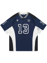 Aelfric Eden Oversized Color Blocking V-Neck Jersey Shirt - Navy Blue - Medium