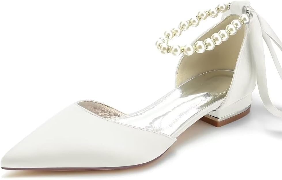 JOEupin Women's Pointed Toe Pearl Wedding Flats Satin Flat Bridal Shoes for Bride Prom Evening Bridal Party Dress Flats Size: 8