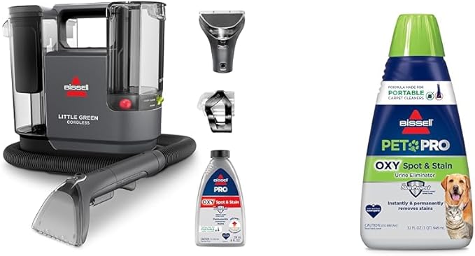 BISSELL Little Green Cordless SmartMix, Powerful Cordless Suction, HydroRinse Self-Cleaning Hose Tool + BISSELL® PET PRO OXY Spot & Stain Formula for Portable Carpet Cleaners, 32 oz.