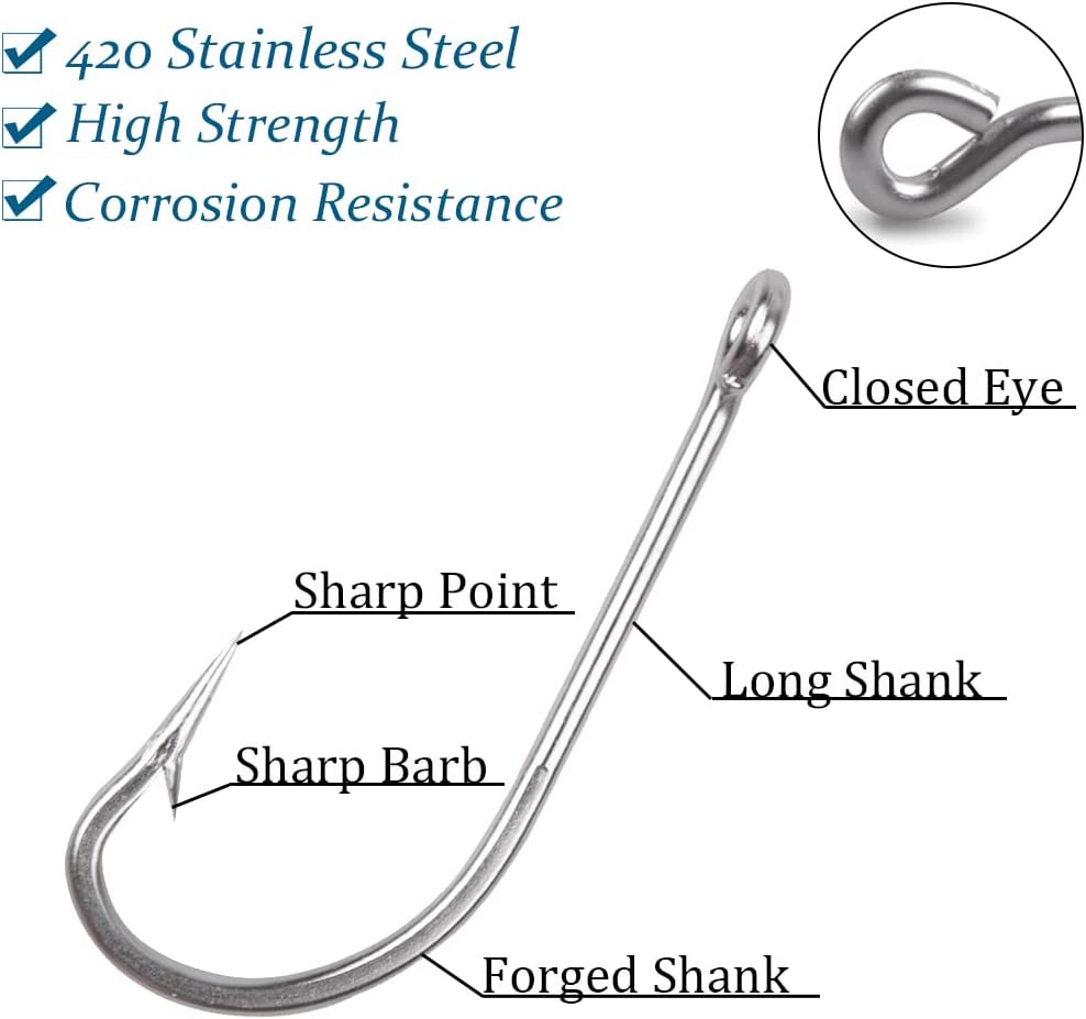 AGOOL Fishing Hooks Saltwater J Hooks Stainless Steel O'Shaughnessy Long Shank Forged Trolling Hook Extra Strong with Fishing Beads for Bass Striper Catfish Snapper