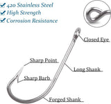 AGOOL Fishing Hooks Saltwater J Hooks Stainless Steel O'Shaughnessy Long Shank Forged Trolling Hook Extra Strong with Fishing Beads for Bass Striper Catfish Snapper