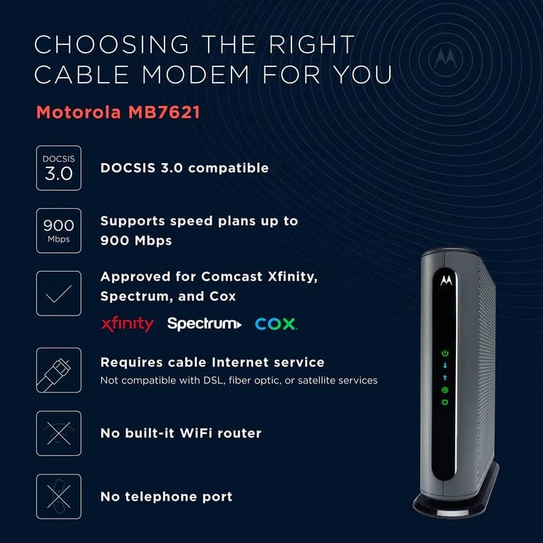 Motorola MB7621 Cable Modem | Pairs with Any WiFi Router | Approved by Comcast Xfinity, Cox, and Spectrum (NEW, OPEN BOX)