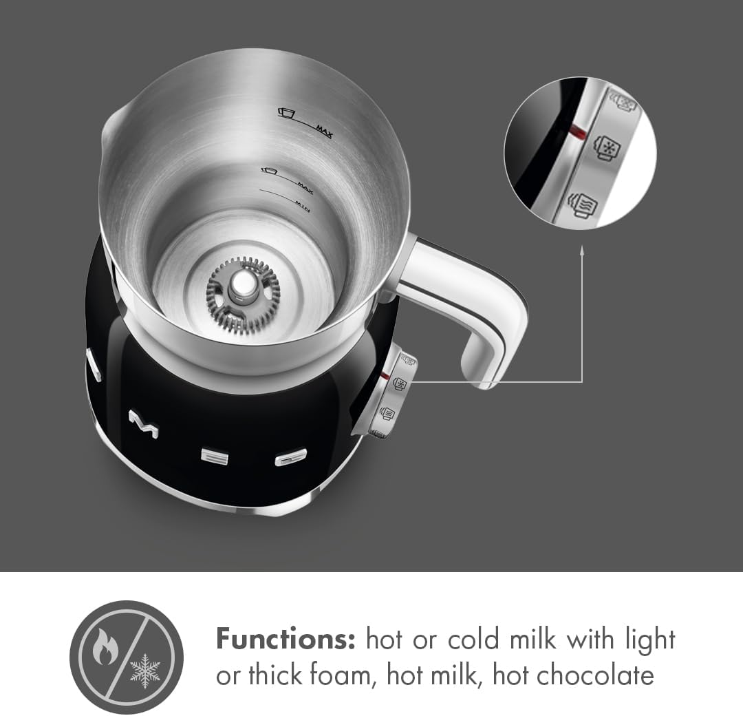 SMEG Retro 50's Style Milk Frother with 2 Disks 6 Preset Programs Hot or Cold Frothing and Induction Heating (Black)