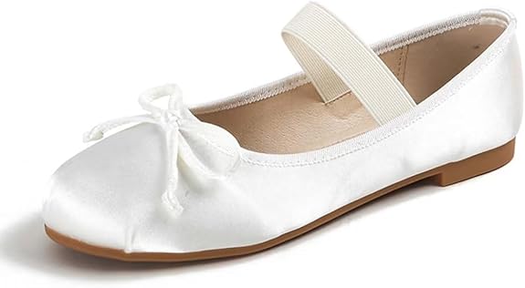 JOEupin Women's White Ballet Flats with Bow - Comfortable & Lightweight Shoes | Ballet Flats with Strap | Non-Slip Sole & Cushioned Arch Support Slip-On Shoes for Wedding/Work Size: 6.5
