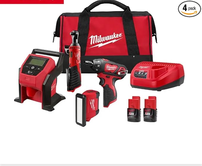 M12 Cordless Power Tool Combo Kit, 4-Tool Set, 12V Lithium-Ion, 2.0Ah Batteries, Charger, Tool Bag