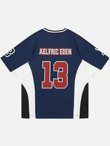 Aelfric Eden Oversized Color Blocking V-Neck Jersey Shirt - Navy Blue - Medium