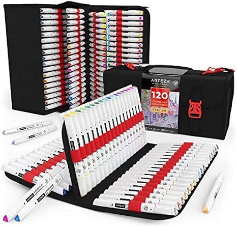 ARTEZA Alcohol Markers – Set of 120 EverBlend Dual Tip Art Markers with Fine and Chisel Nibs in 144-Slot Organizer for Drawing, Coloring, Illustration