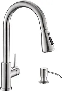 3 Hole Kitchen Faucets with Soap Dispenser, Brushed Nickel Kitchen Faucet with Pull Down Sprayer 3 Modes Stainless Steel Side Single Handle Modern Sink Faucets (New Open Box)