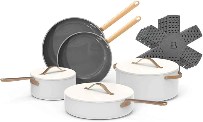 Beautiful 12pc Ceramic Non-Stick Cookware Set – Non-toxic, Induction Compatible, Oven Safe 500°F, Fast Heating, Durable, Sleek Design, (White Icing)