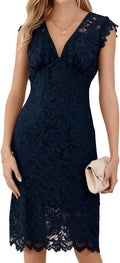 Women's Lace Cocktail Dress Sleeveless V Neck Elegant Bodycon Midi Dress-SMALL