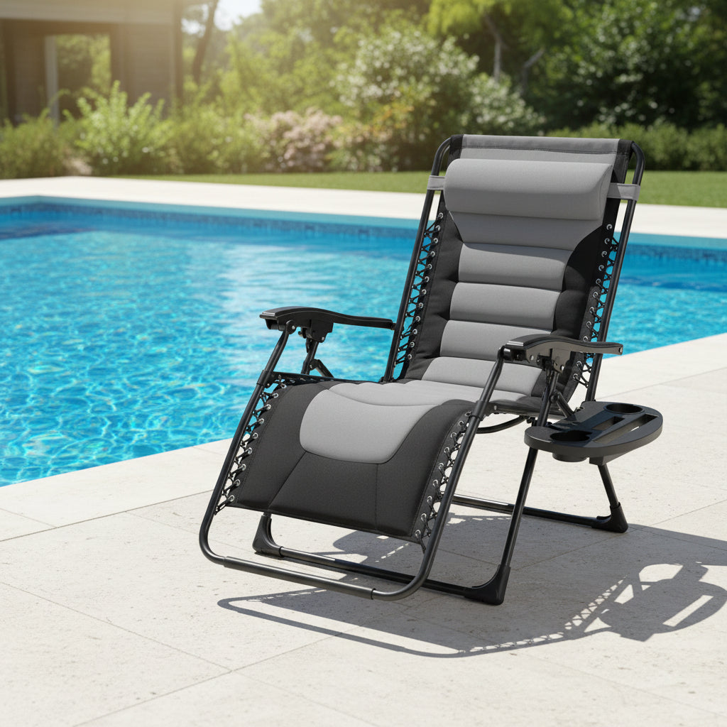 Best Choice Products - Oversized Padded Zero Gravity Chair, Folding Recliner w/ Headrest, Side Tray - Gray/Black