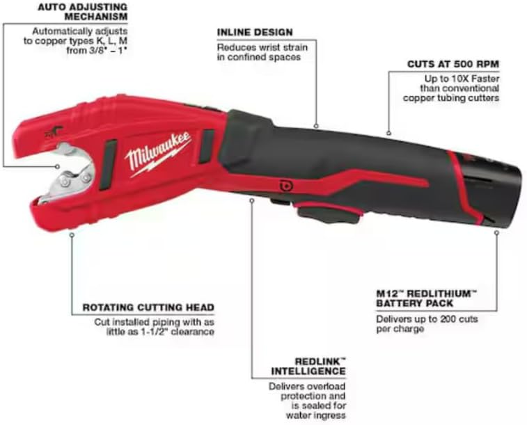 Milwaukee 2471-20 M12 Cordless Lithium Ion 500 RPM Copper Pipe and Tubing Cutter Adjustable from 3/8" to 1â€ Diameters (Battery Not Included, Power Tool Only)