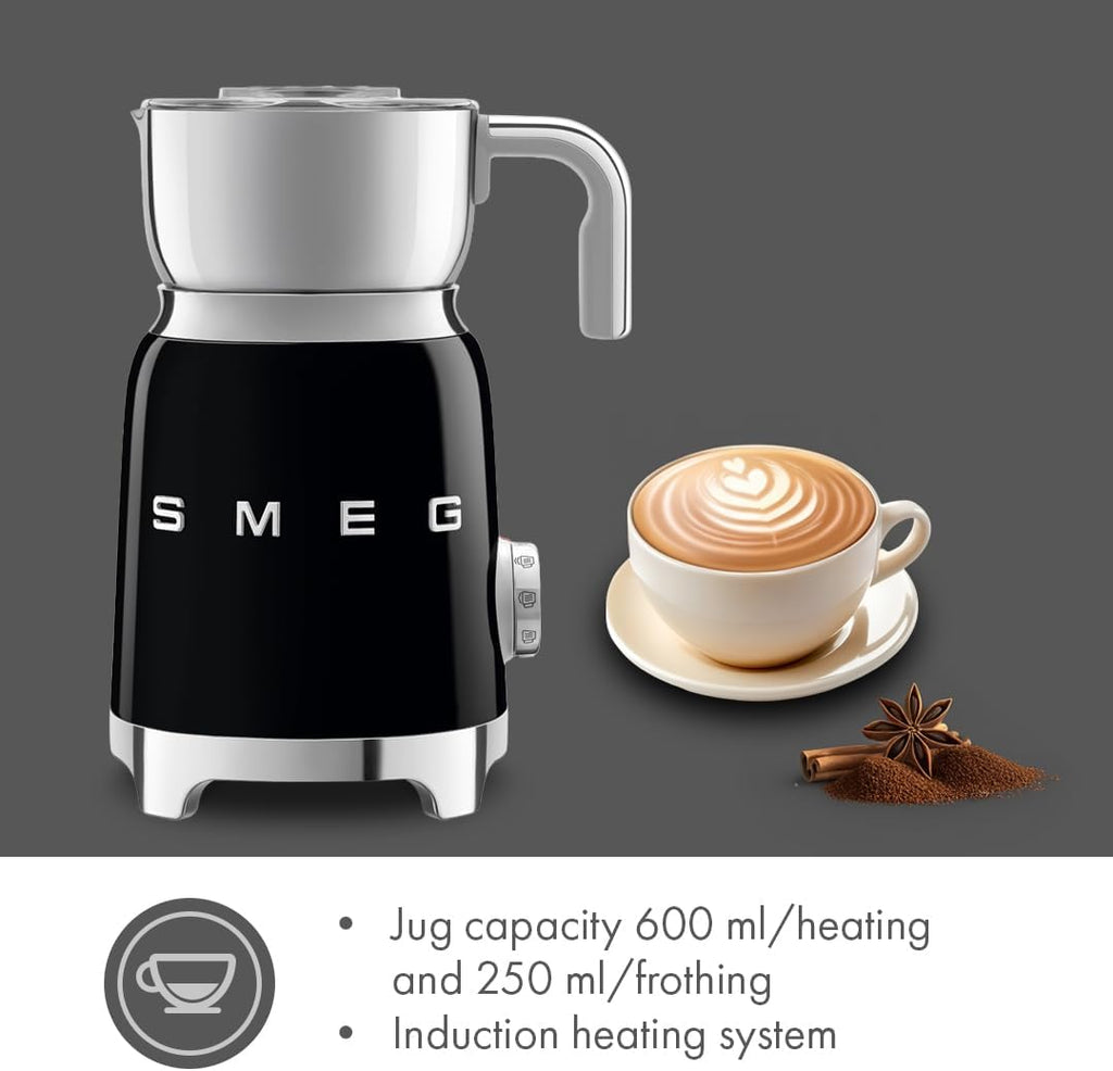 SMEG Retro 50's Style Milk Frother with 2 Disks 6 Preset Programs Hot or Cold Frothing and Induction Heating (Black)