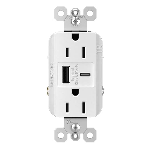 Radiant USB Plugs for Wall Outlet, 15 Amp, Tamper-Resistant and Ultra-Fast USB A and USB C Outlet plug, with standard three-prong, White, Manufactured by Legrand