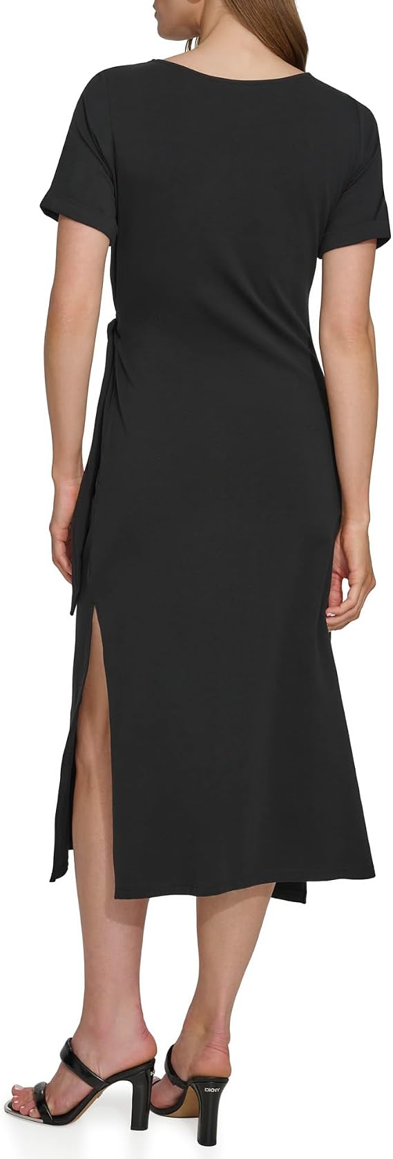 DKNY Women's Front Tie Boat Neck Short Sleeve Dress, Black - Small