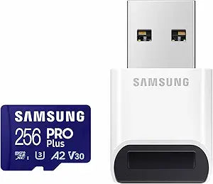 SAMSUNG PRO Plus microSD Memory Card + Reader, 256GB MicroSDXC, Up to 180 MB/s, Full HD & 4K UHD, UHS-I, C10, U3, V30, A2 for Android Phones, Tablets, GoPRO, DJI Drone, MB-MD256SB/AM, 2023