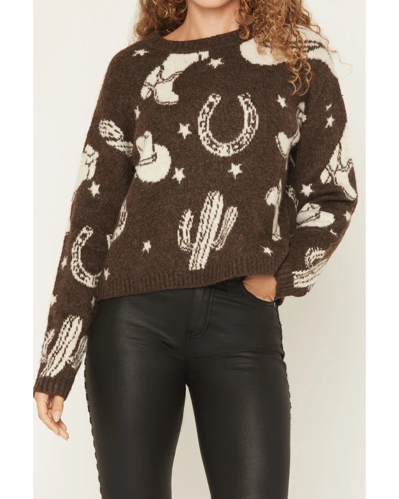 Women's Saddleridge Western Conversation Print Sweater by IDYLLWIND - Pecan - Size XS