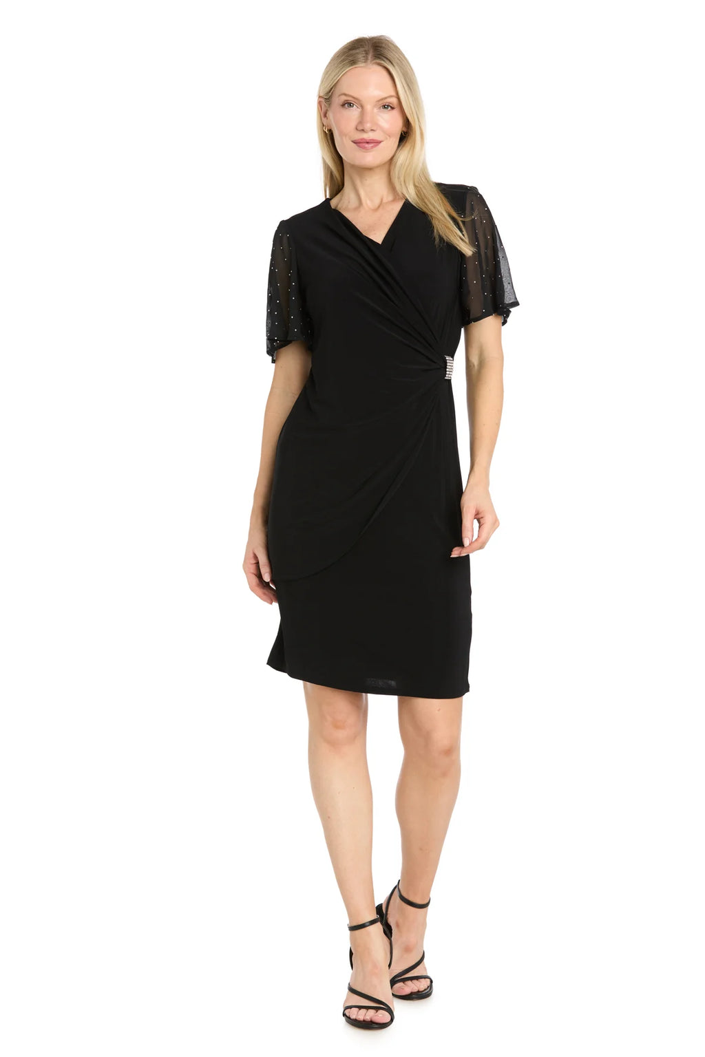R & M Richards - Studded Sheer Sleeve ITY Wrap Dress, Black, 16W