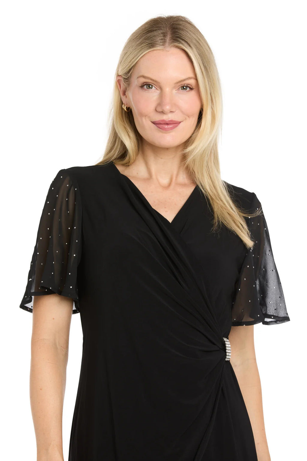 R & M Richards - Studded Sheer Sleeve ITY Wrap Dress, Black, 16W